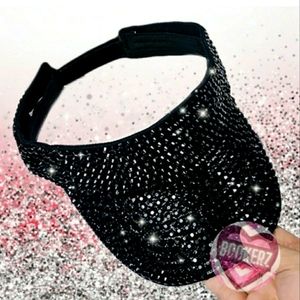 Black Bling Visor Hat Womens Bedazzled Adjustable Velcro Back Rhinestone Cap